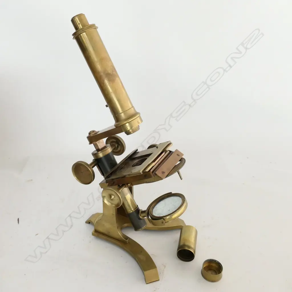BRASS MONOCULAR MICROSCOPE by JAMES PARKES & SON, B'HAM  w VARIOUS LENSES (CASE w REPLACED DOOR) Image 1++